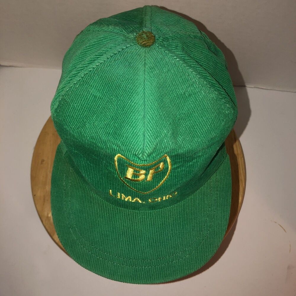 Vintage BP OIL Lima Ohio 80s USA Green Corduroy Hat Cap Snapback Gold Stitching - Picture 8 of 12